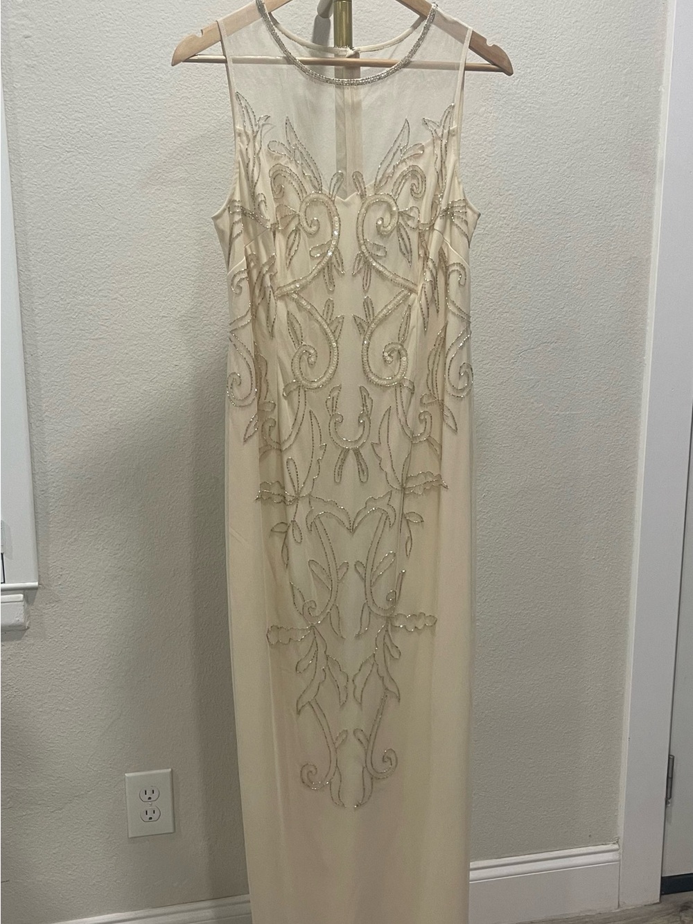 Papell Boutique Beaded Illusion Neckline Evening/Wedding guest Gown